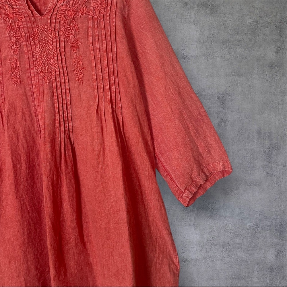 Karyn Seo Coral Linen Tunic Top Womens XL Embroidered Pintuck Pleat Pullover - Picture 3 of 8